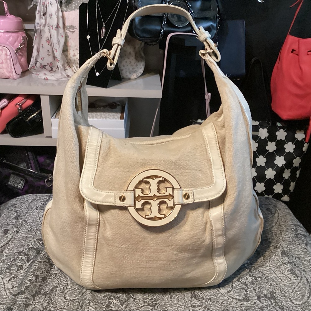 Tory Burch linen and leather shoulder bag